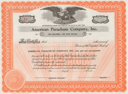 American Parachute Company circa 1942 stock certificate 
