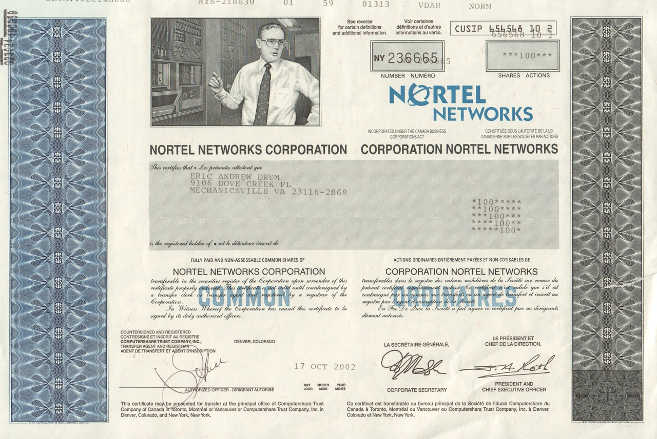 Nortel Networks 2002 Stock Certificate