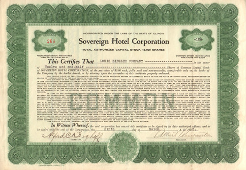 Sovereign Hotel Corporation (Chicago) 1923 stock certificate
