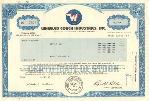 Wheeled Coach Industries stock certificate 1983