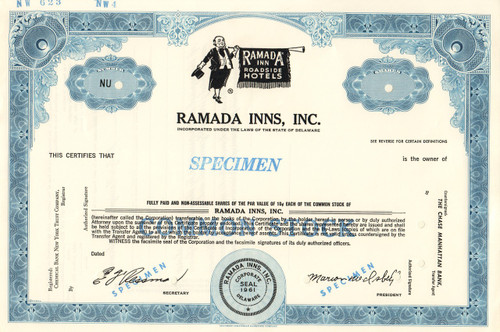 Ramada Inns Inc. specimen stock certificate 