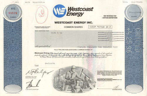 Westcoast Energy Inc. stock certificate 1996