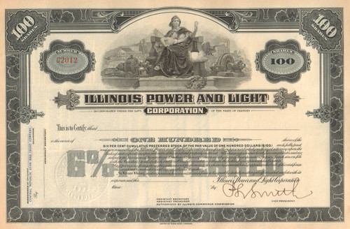 Illinois Power and Light stock certificate circa 1930
