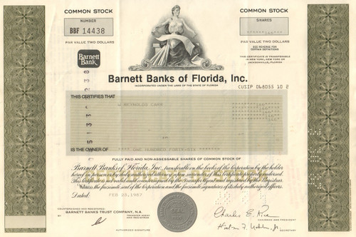 Barnett Banks of Florida stock certificate 1980's