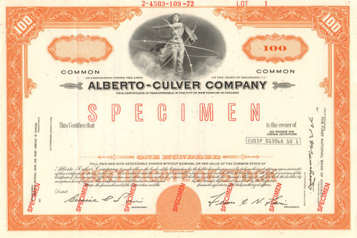 Alberto-Culver Company stock certificate specimen