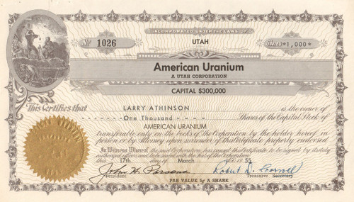 American Uranium stock certificate 1955