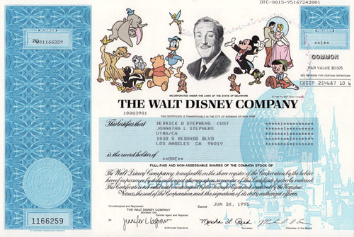 Walt Disney Company stock certificate 1995 (Michael Eisner as chairman)
