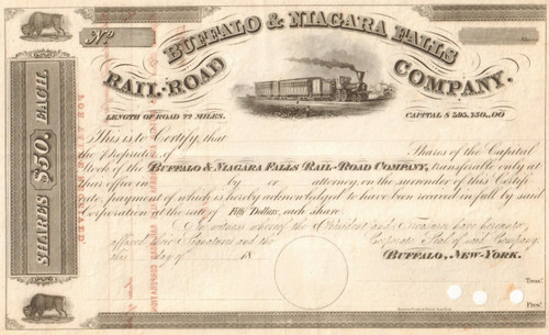 Buffalo and Niagara Falls Railroad Company stock certificate circa 1850