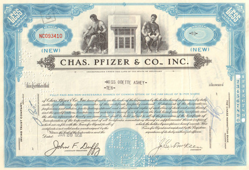 Chas. Pfizer & Co. stock certificate 1950's - blue