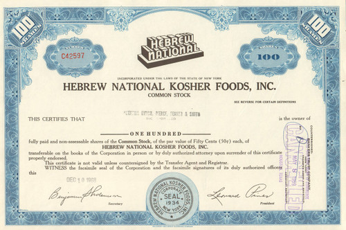 Hebrew National Kosher Foods stock certificate 1960's - blue