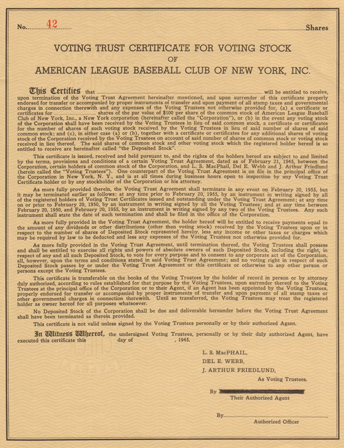 Voting Trust Certificate - New York Yankees 1945
