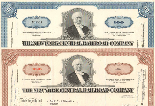 New York Central Railroad Company stock certificate - set of two colors