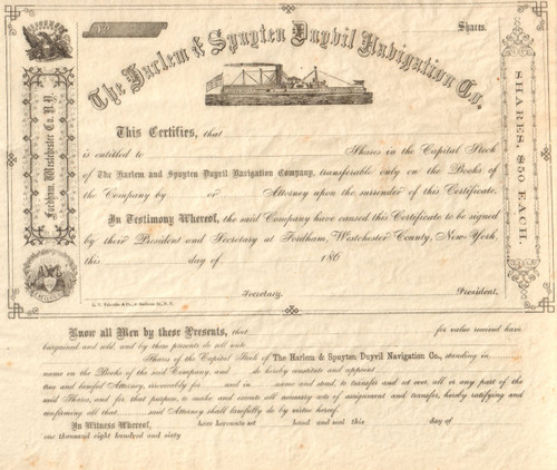 Harlem  and Spuyten Duyvil Navigation stock certificate 1860's