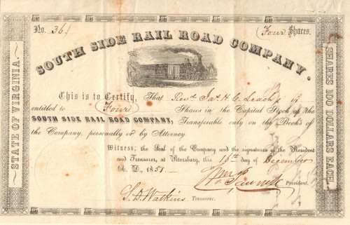 South Side Rail Road Company stock certificate 1851 - very early Virginia railroad