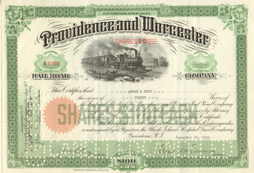 Providence and Worcester Railroad Company stock certificate 1939