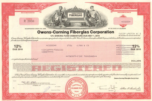 Owens-Corning Fiberglas Corporation bond certificate 1970's - red