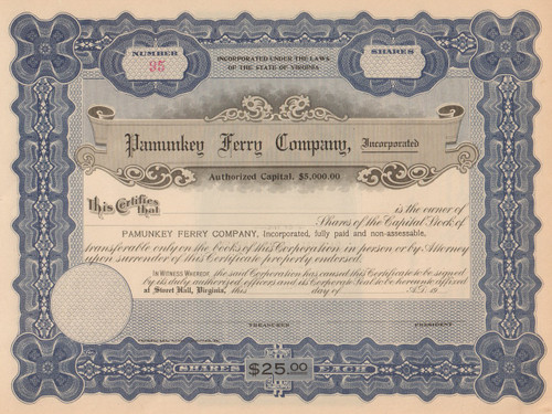 Pamunkey Ferry Company stock certificate circa 1916 (Virginia)