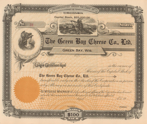 Green Bay Cheese Co. Ltd stock certificate circa 1915 (Wisconsin) - real -  the ultimate cheese head gift