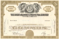 Great Atlantic & Pacific Tea Company stock certificate 1970's - olive color
