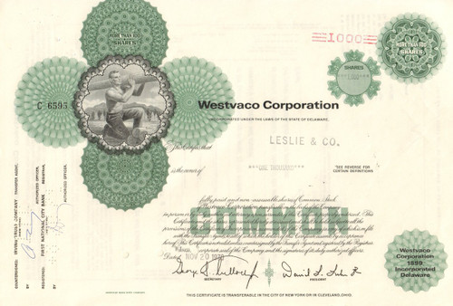 Westvaco Corporation stock certificate 1970s (paper products) -green