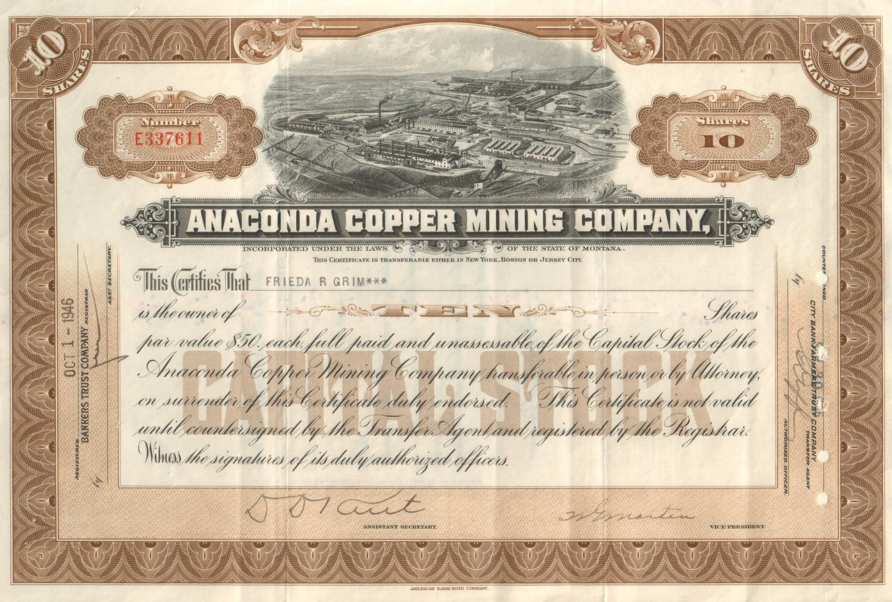 2 different Stock certificate Anaconda Copper Mining Company State of Montana