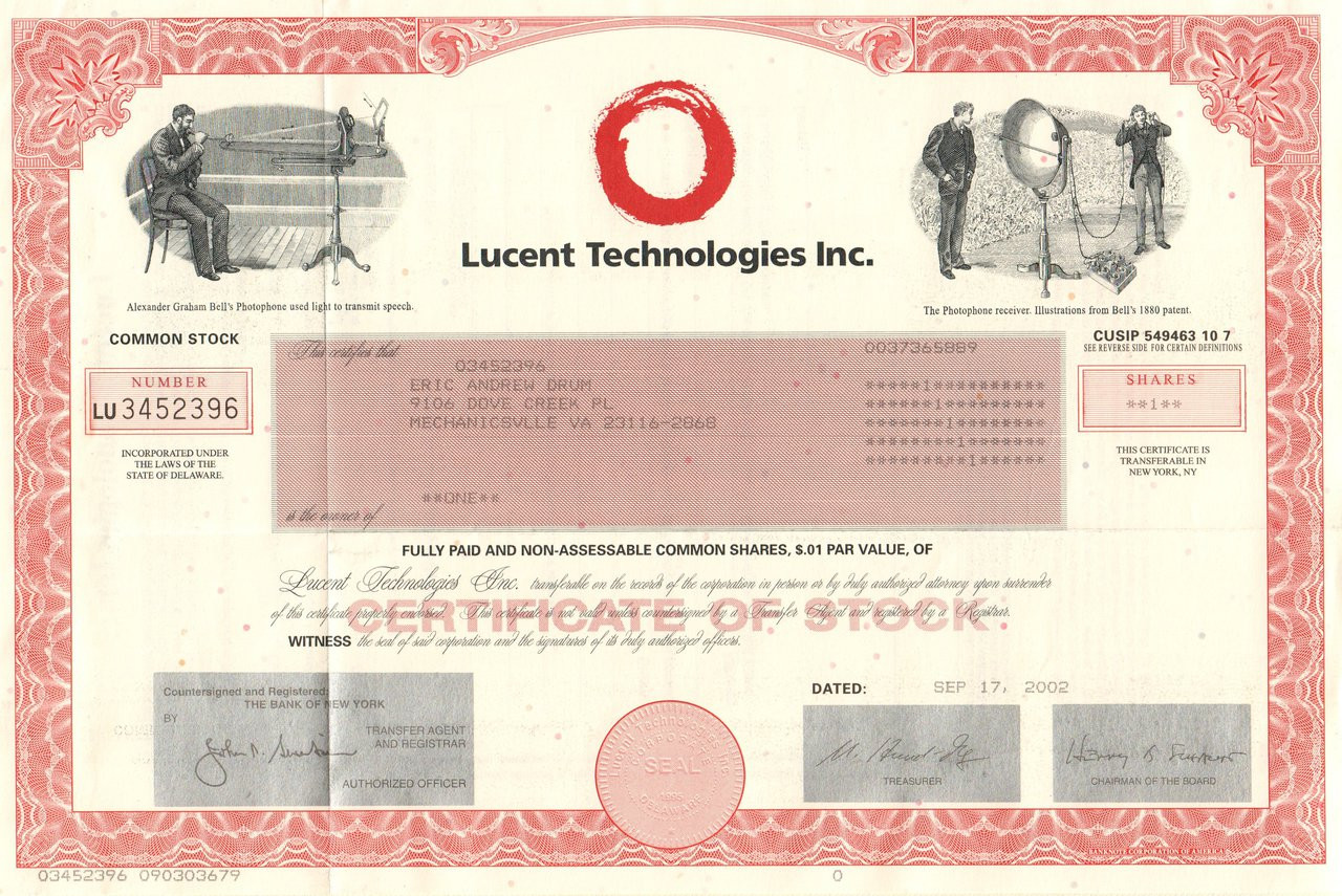 Lucent Technologies stock certificate 2002 (telecom equipment)