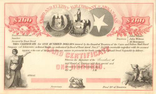 Cairo and Fulton Railroad Company stock certificate- Arkansas 1859
