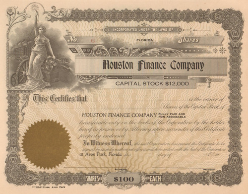 Houston Finance Company stock certificate - 1929
