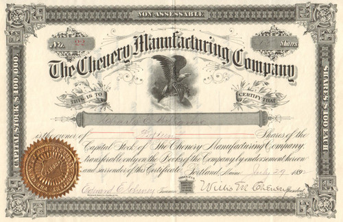 Chenery Manufacturing Company stock certificate 1892 (Portland Maine)