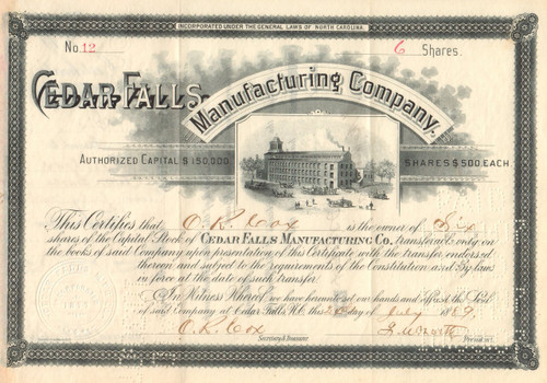 Cedar Falls Manufacturing Company stock certificate 1890's (Asheboro North Carolina)