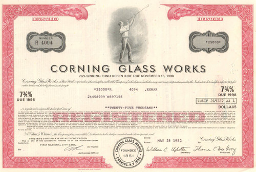 Corning Glass Works bond certificate 1982 