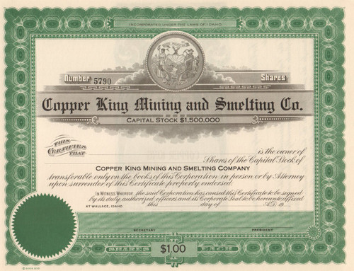 Copper King Mining and Smelting Company stock  certificate circa 1910 
