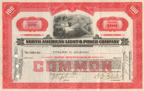North American Light & Power Company stock certificate 1940's