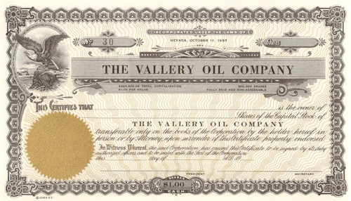 Vallery Oil Company stock certificate circa 1957