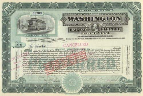 Washington Railway and Electric Company stock certificate circa 1930 
