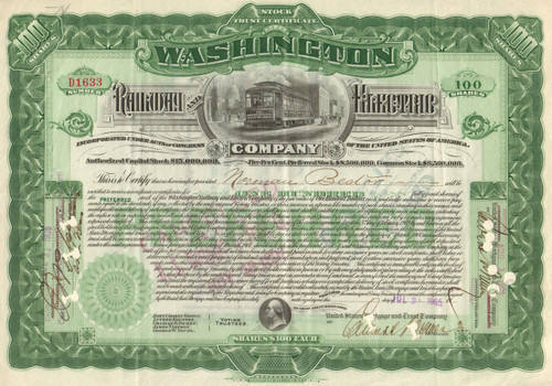 Washington Railway and Electric Company stock certificate 1905 (DC streetcars)