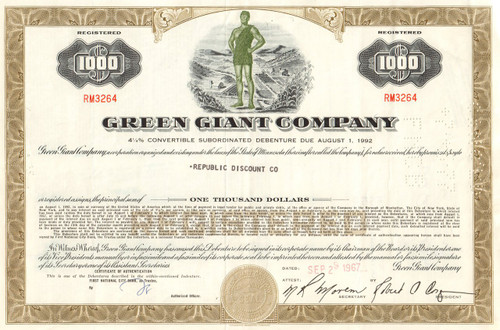 Green Giant Company bond certificate 1970's - $1000 olive