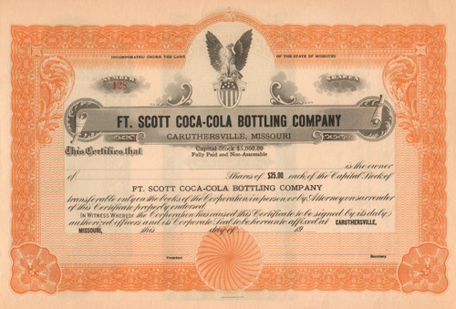 Ft Scott Coca-Cola Bottling Company stock certificate circa 1922