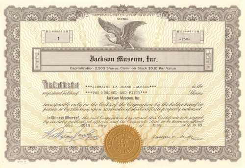 Jackson Museum stock certificate 1989 - hand signed by Katherine and Jermaine Jackson