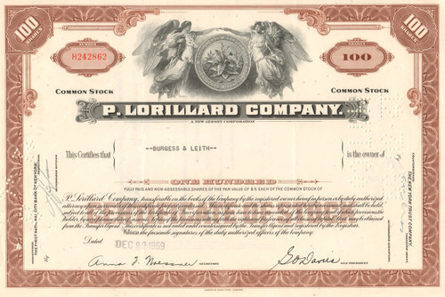 P. Lorillard Company stock certificate 1950s (cigarette maker) - brown