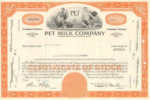 Pet Milk Company stock certificate circa 1965 - orange