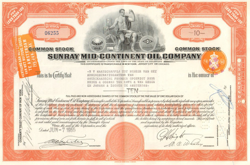 Sunray Mid-Continent Oil Company stock certificate 1955 - orange