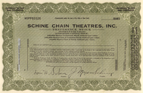 Schine Chain Theatres Inc. stock certificate circa 1928 (movie houses)