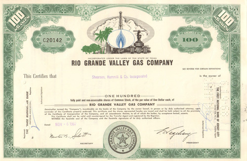 Rio Grande Valley Gas Company stock certificate circa 1960's - green