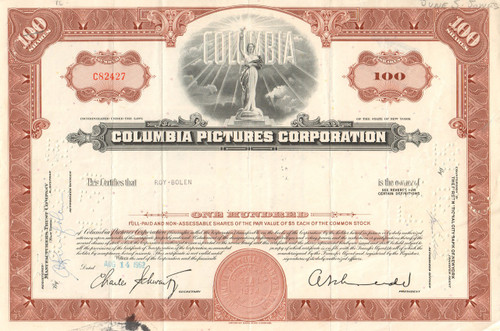 Columbia Pictures Corporation stock certificate 1962