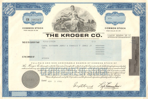 The Kroger Co. stock certificate 1986