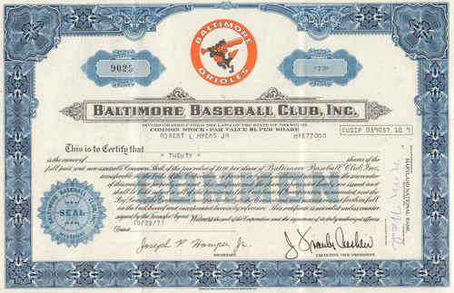 Baltimore Baseball Club stock certificate 1971 (Orioles)