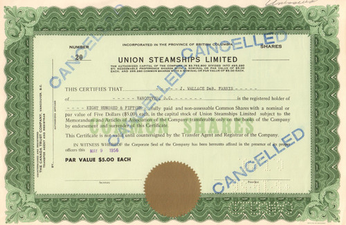 Union Steamships Limited stock certificate 1958 (British Columbia, Canada)