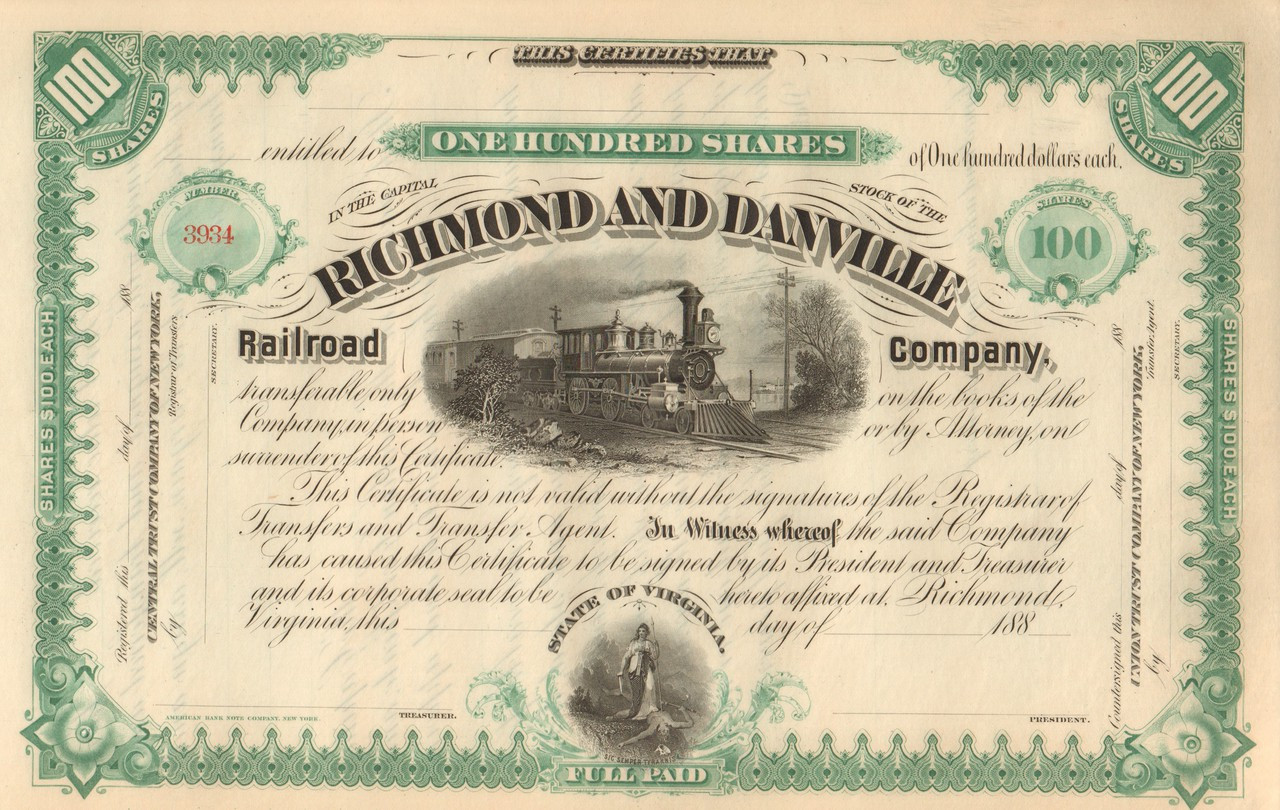 Richmond & Danville Railroad Company Stock Certificate  Green