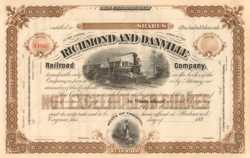 Richmond and Danville Railroad Company  stock certificate circa 1880's - brown